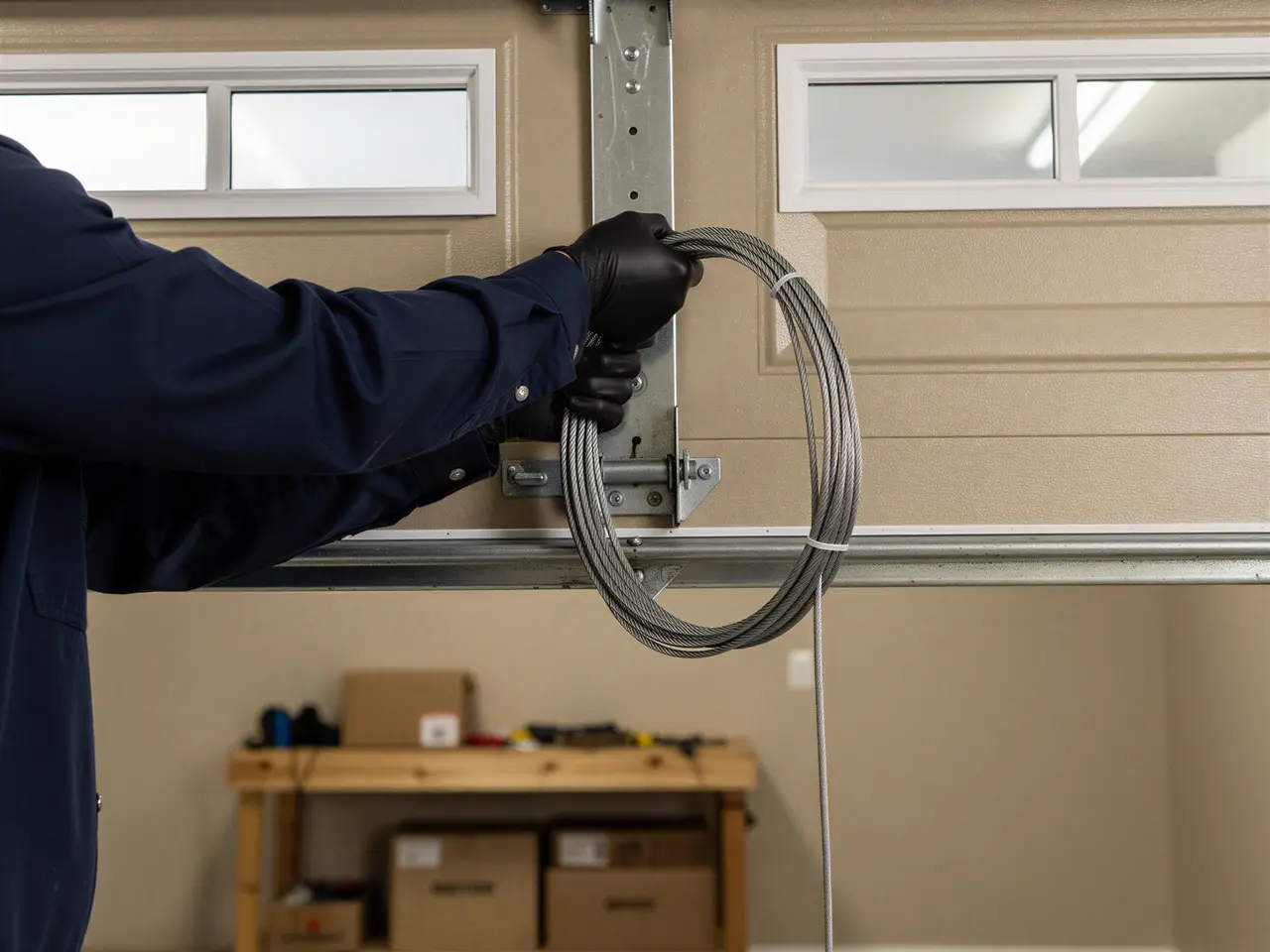 A technician in black gloves holds a coiled garage door cable.