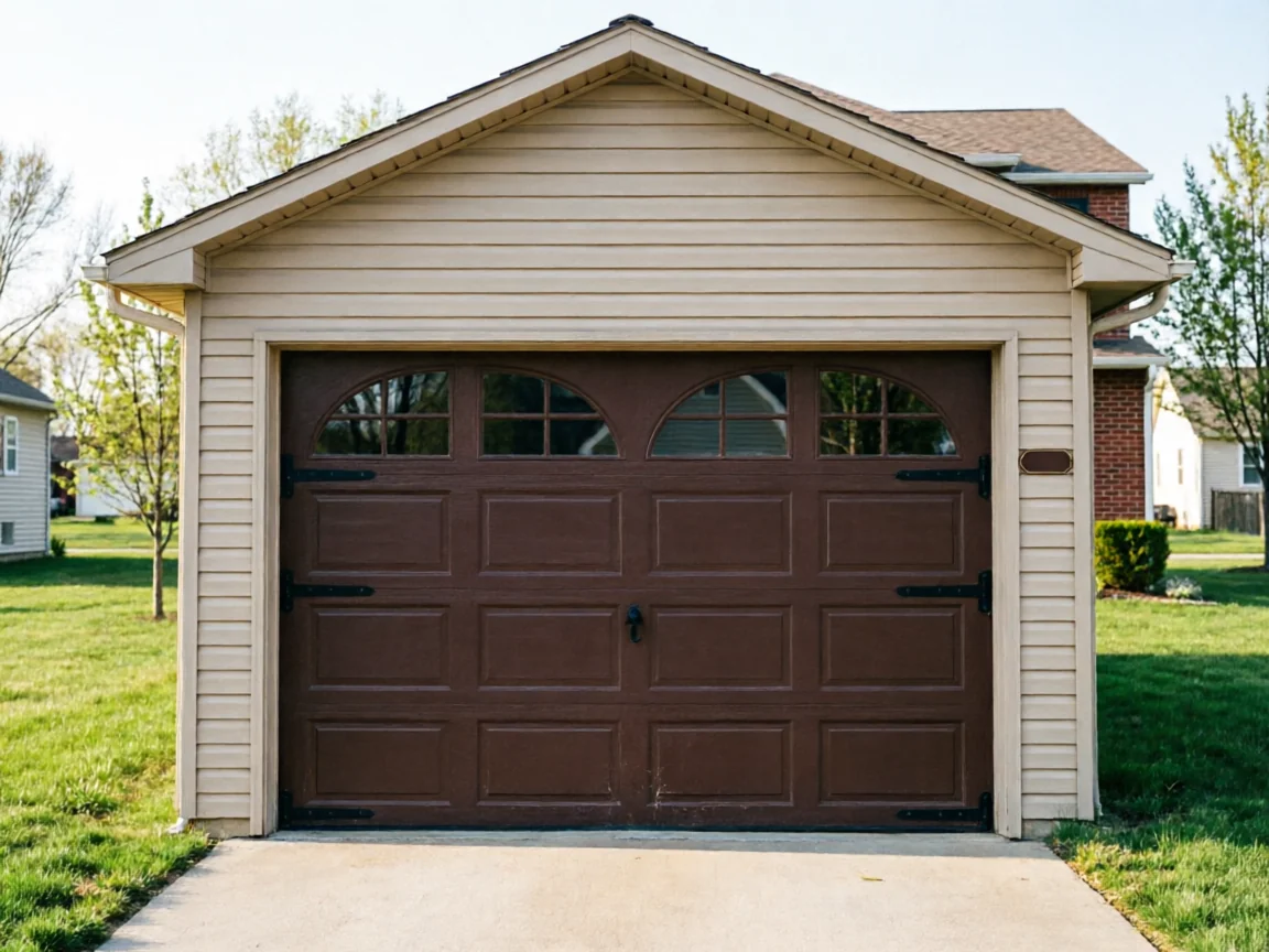 The brown garage door has decorative windows and hardware on a beige garage.