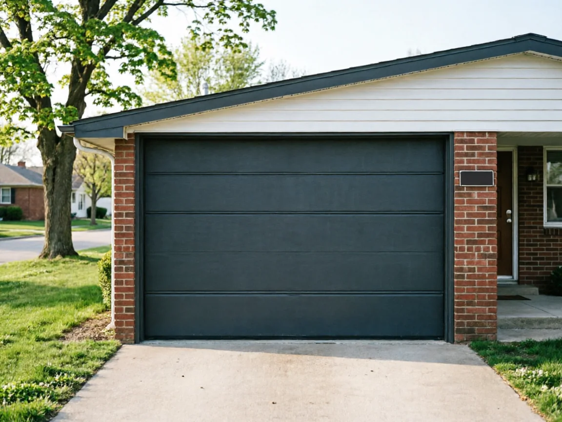 A dark gray garage door is on a brick house with white siding.