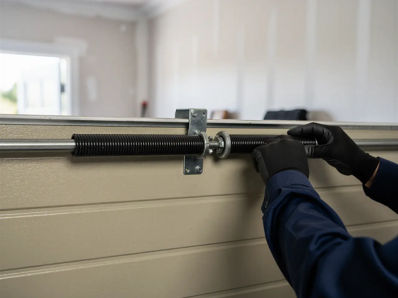 A technician in black gloves adjusts a garage door torsion spring.